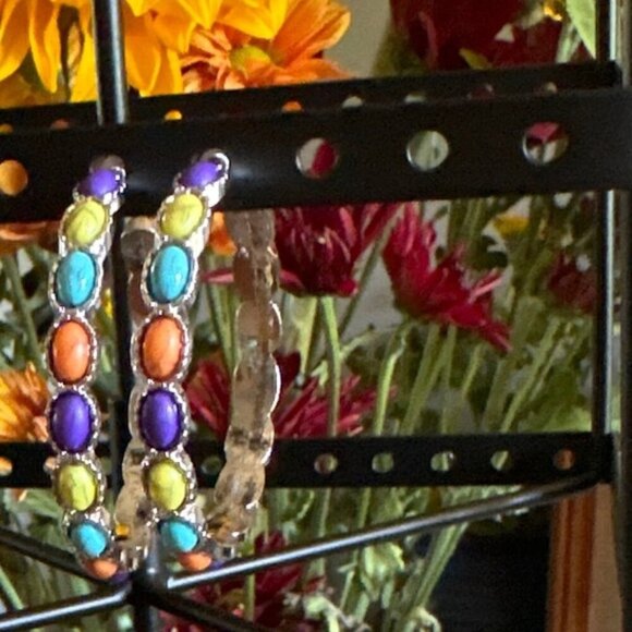 Turquoise and silver chunky western style hoops/cowgirl rodeo statement - Picture 1 of 6